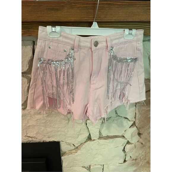 Blue buttercup pink ripped diamond fringe shorts size M - Picture 1 of 3